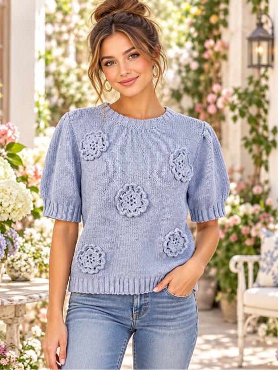 Joie Sweaters - Joie Size L Blue Knit Sweater Top Crochet Floral Appliqué Puff Sleeve Cottagecor